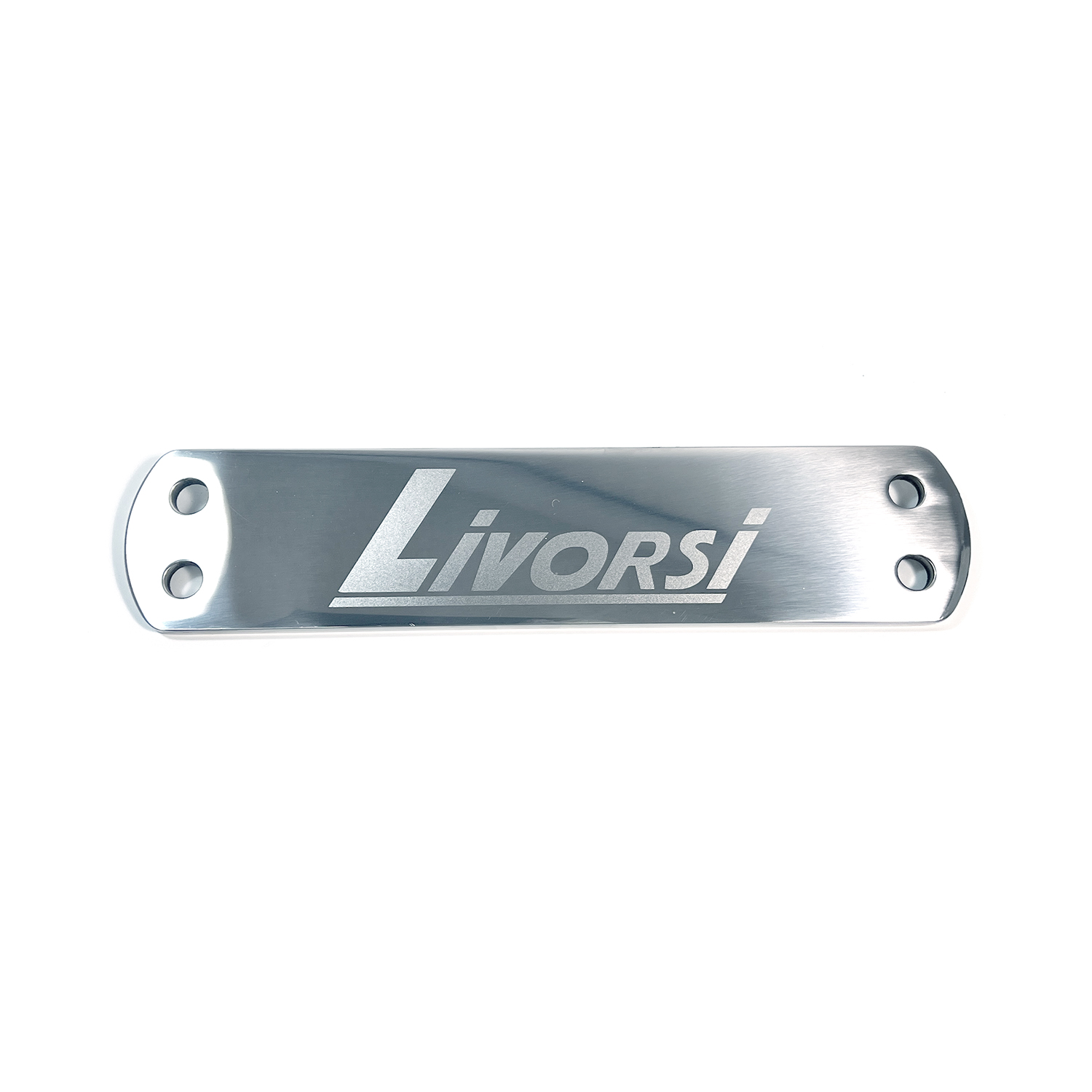 Large plate four hole, clear polished stainless steel, 3.13″ wide with Livorsi logo – MP-3SS-B01 Product Image 1